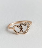 New Look Rose Gold Diamante Double Heart Ring